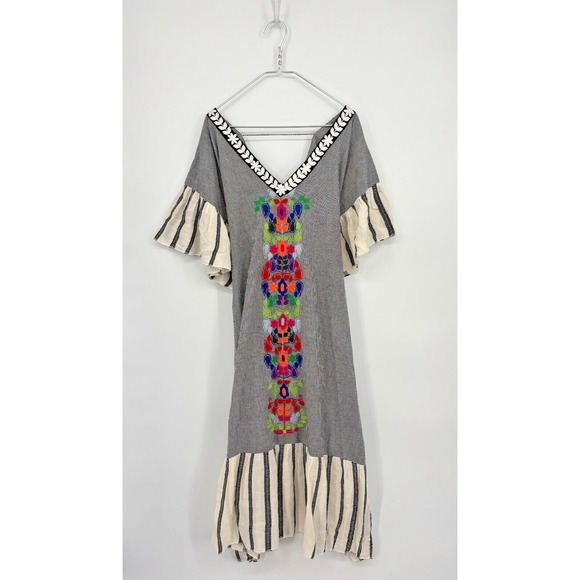 Anouk Grewal Dress Small Black White Check Embroidered Caftan Maxi Tassels - Picture 1 of 12
